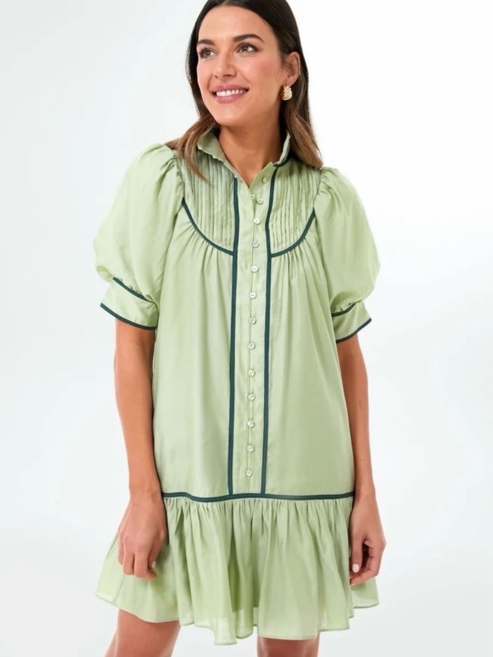 Pomander Place Light Green Puff-Sleeve Button-Front Tunic Dress size Large